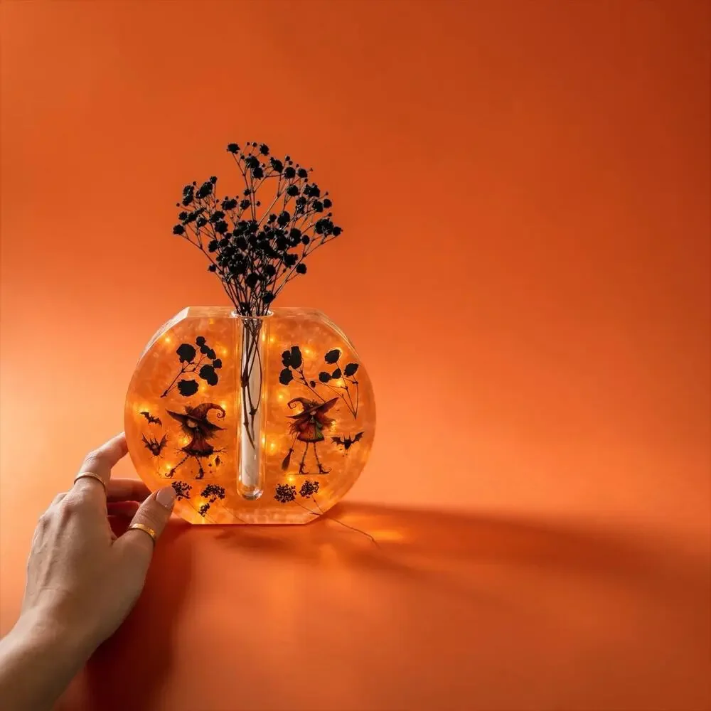 Halloween Lighted Resin Bud Vase – Witch Decor – Handmade Orange Vase